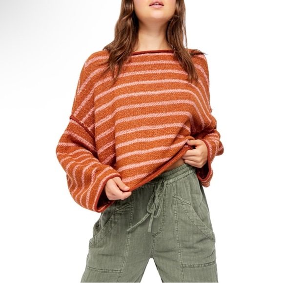 Free People Striped Oversized Knit Sweater Large Pink Brown - Picture 2 of 13